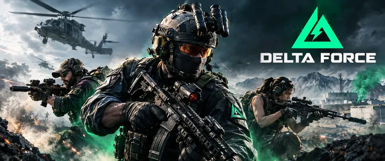 Delta Force banner with tactical operators in a smoky battlefield and a helicopter overhead.